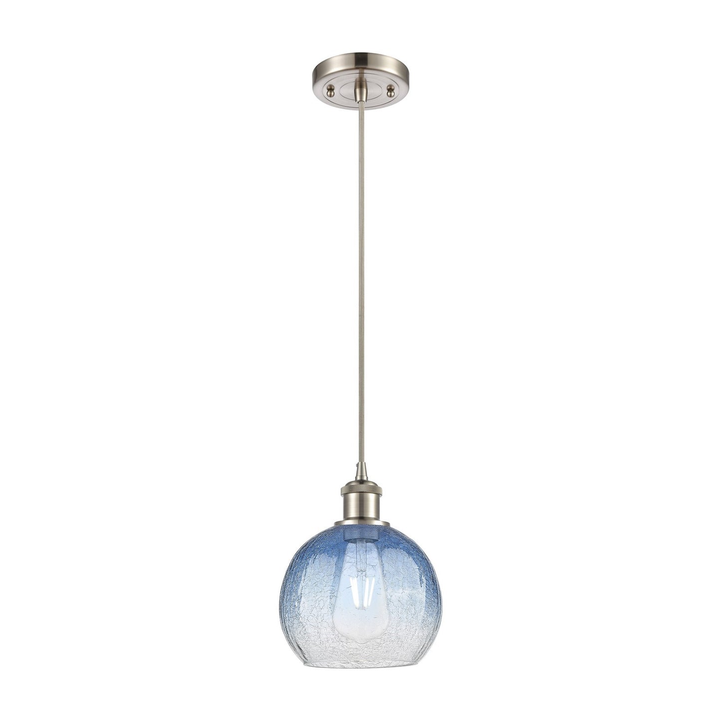 Innovations Brookhaven Globe 8in 1-Light Mini Pendant | Industrial Brushed Satin Nickel and Sapphire Blue Glass | Kitchen | Model 516-1P-SN-G483-8SB