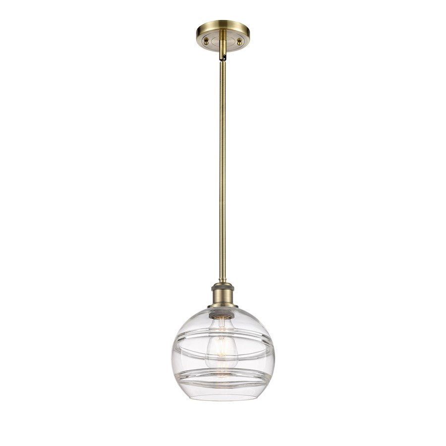 Innovations Rochester 8in 1-Light Mini Pendant | Industrial Antique Brass Steel and Clear Glass | Kitchen Island & Dining Room | Model 516-1S-AB-G556-8CL