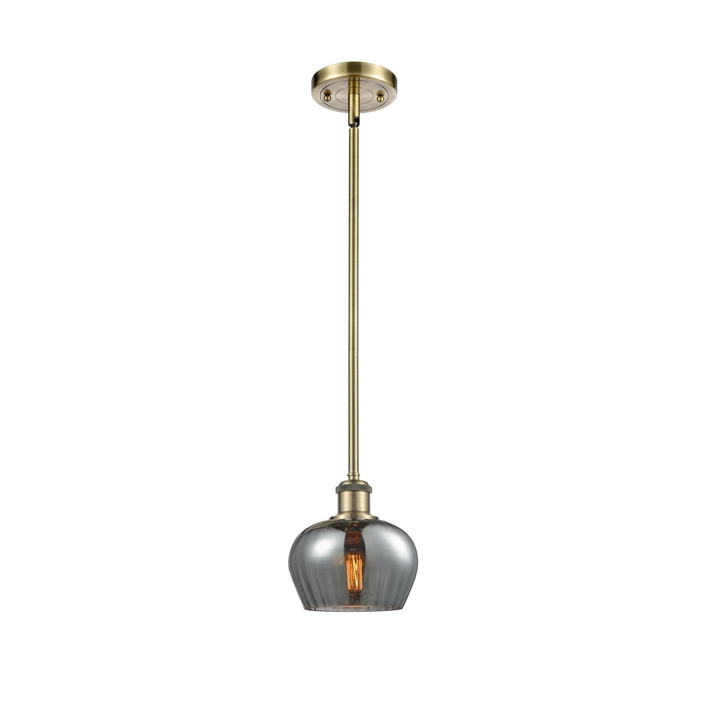 Innovations Fenton 1-Light 6.5in Mini Pendant | Industrial Antique Brass Steel and Light Smoke Ribbed Glass | Kitchen Island & | Model 516-1S-AB-G93