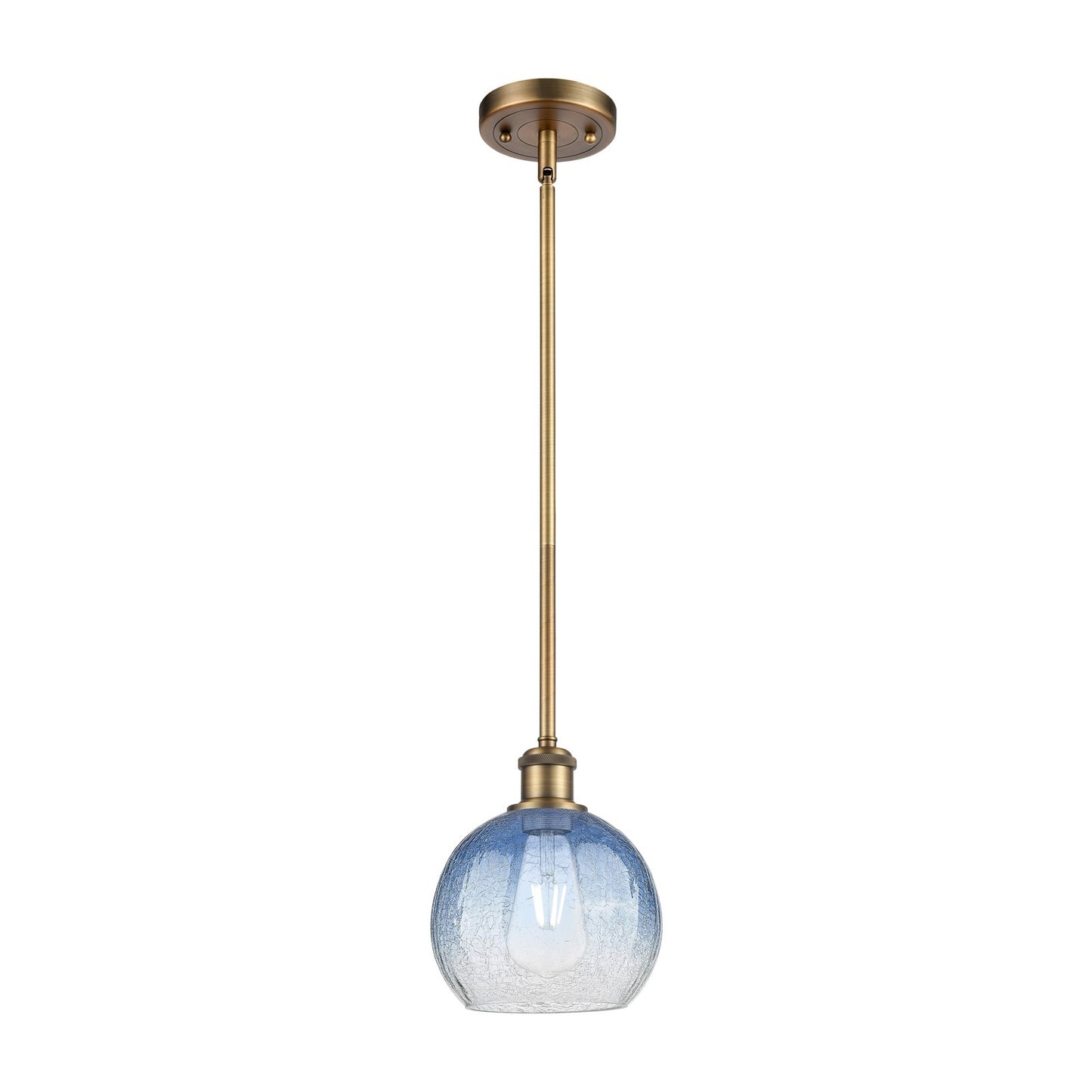 Innovations Brookhaven Globe 7.88in 1-Light Mini Pendant | Industrial Brushed Brass and Sapphire Blue Glass | Kitchen | Model 516-1S-BB-G483-8SB