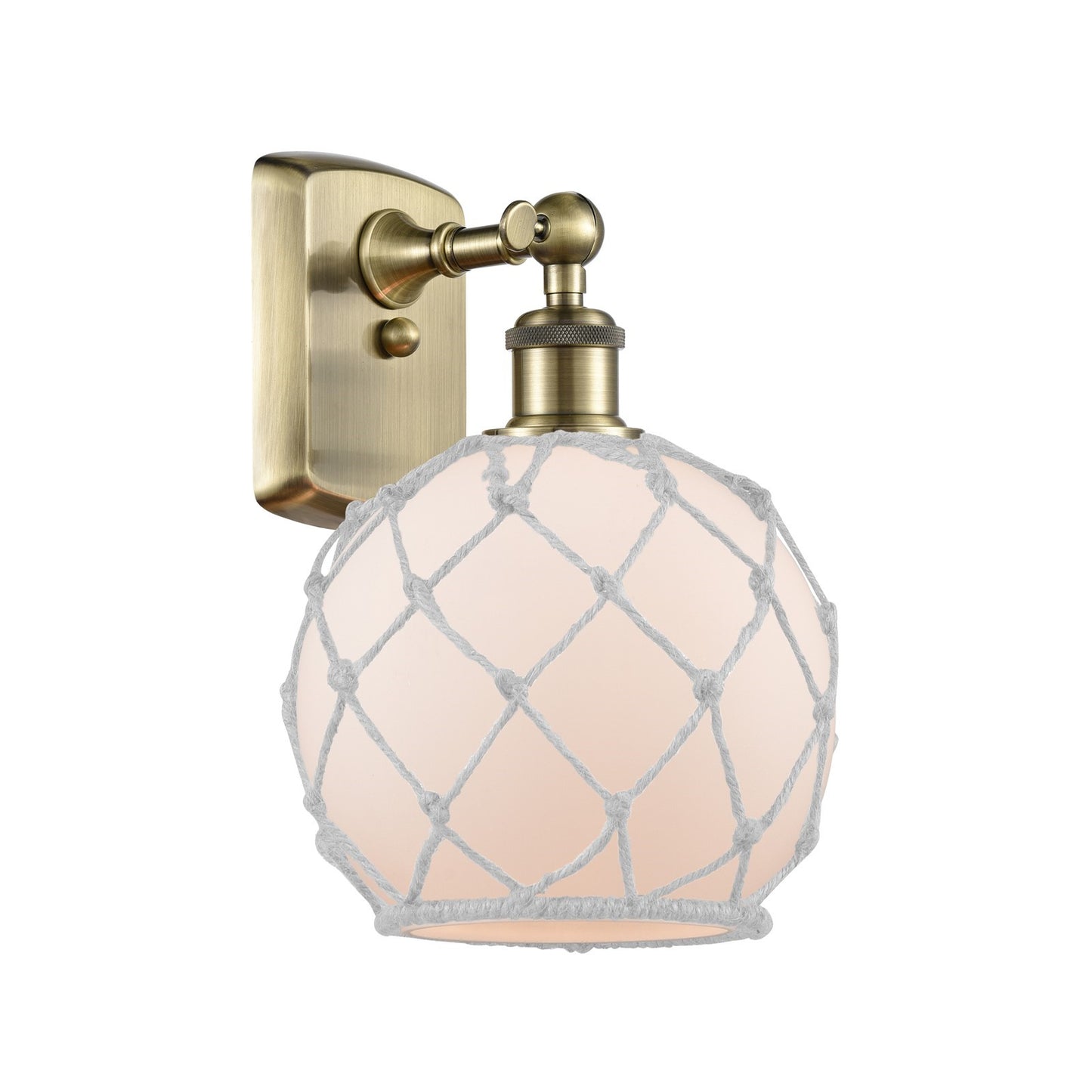 Innovations Farmhouse Rope 8in 1-Light Wall Sconce | Industrial Antique Brass and White Glass White Rope | Bedroom | Model 516-1W-AB-G121-8RW