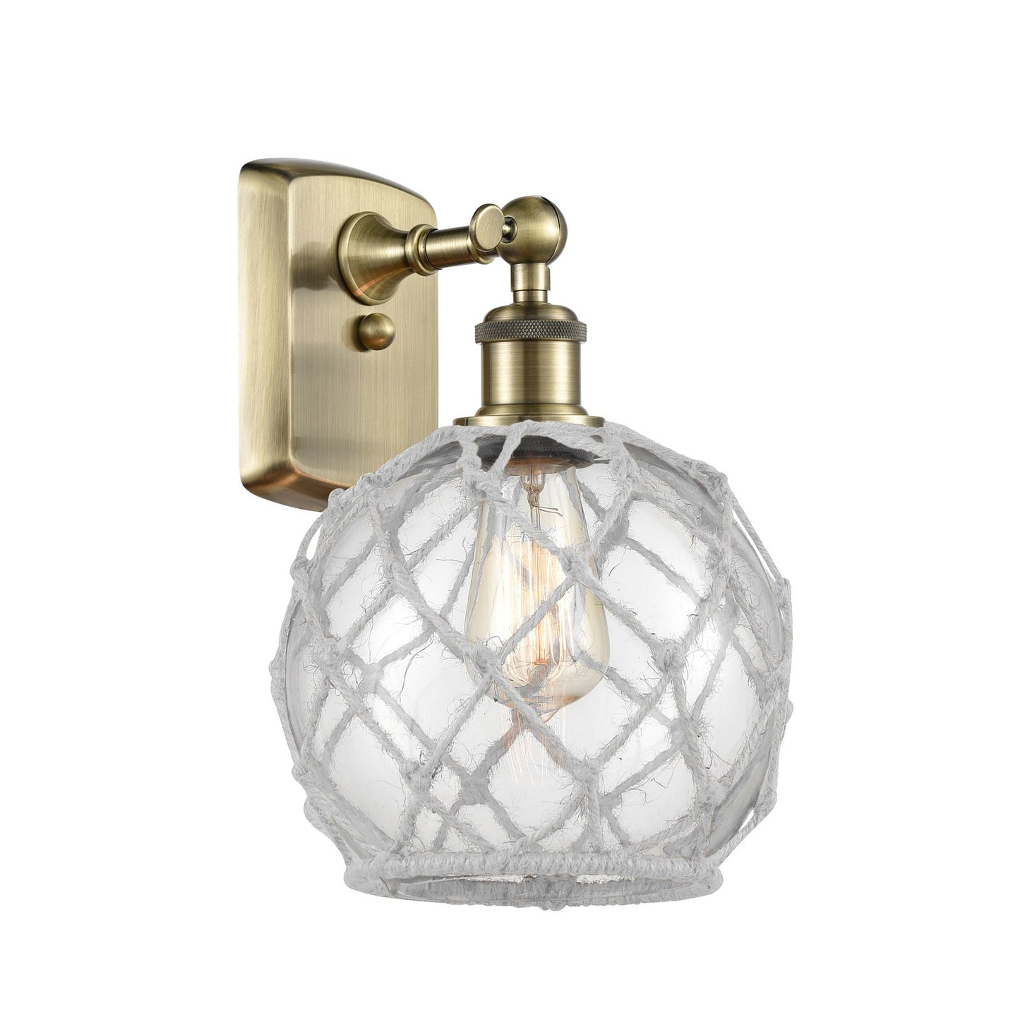 Innovations Farmhouse Rope 8in 1-Light Wall Sconce | Industrial Antique Brass and Clear Glass White Rope | Bedroom | Model 516-1W-AB-G122-8RW
