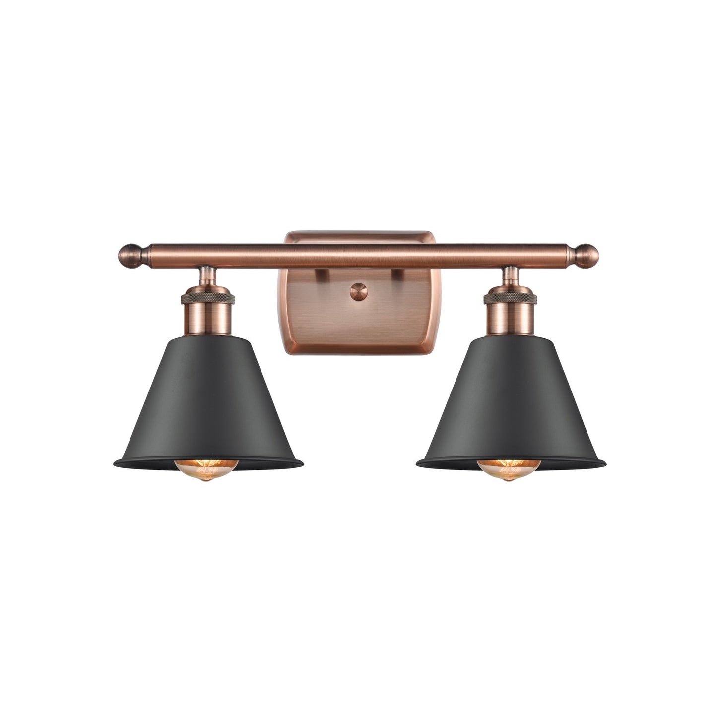Innovations Lighting Smithfield 16in 2-Light Bath Vanity | Industrial Antique Copper and Matte Black Metal Shade | Model 516-2W-AC-M8-BK-LED