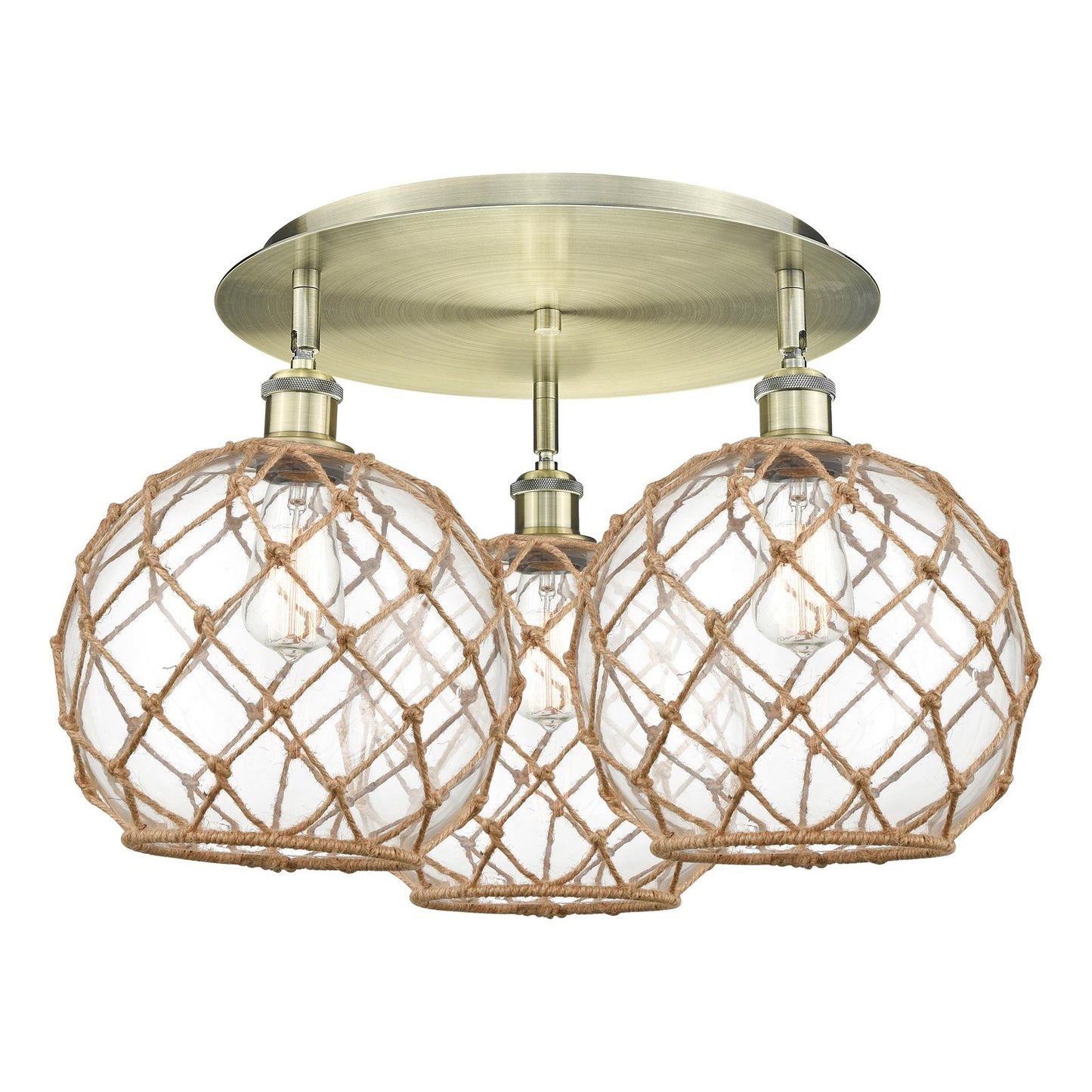 Innovations Farmhouse Rope 22in 3-Light Semi-Flush | Industrial Antique Brass and Clear Glass | Kitchen & Dining | Model 516-3C-AB-G122-10RB