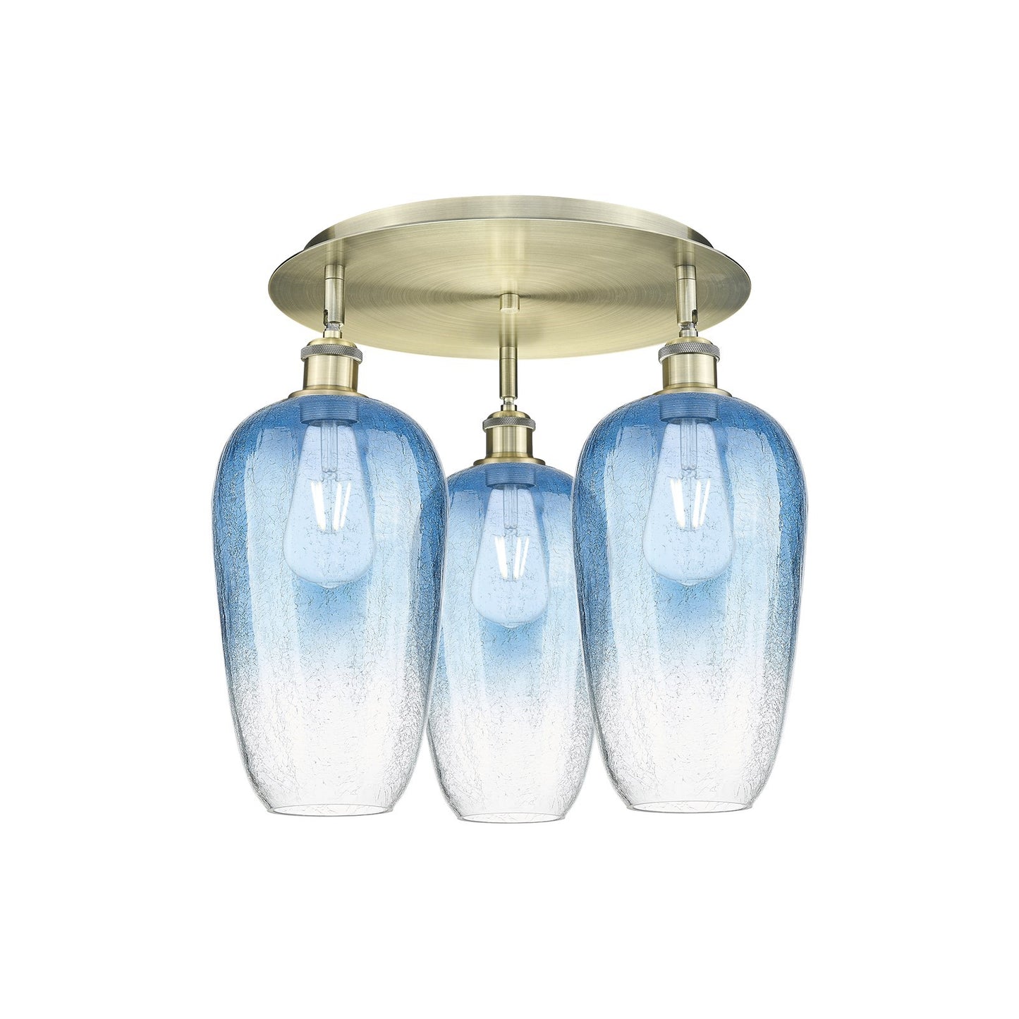Innovations Brookhaven Flute 19in 3-Light Semi-Flush Mount | Industrial Antique Brass and Sapphire Blue Glass | Kitchen | Model 516-3C-AB-G484-7SB
