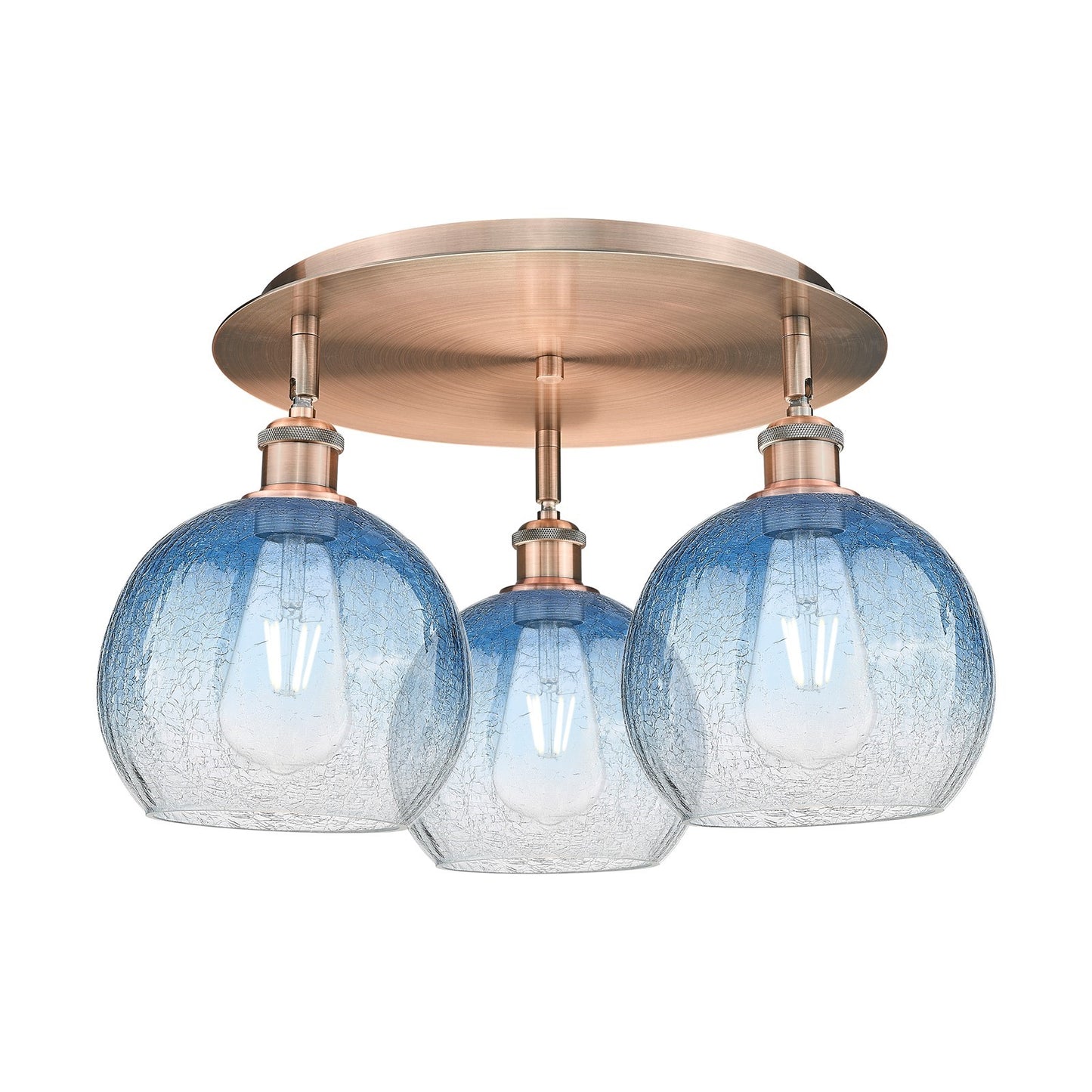 Innovations Brookhaven Globe 19.625in 3-Light Semi-Flush | Industrial Antique Copper and Sapphire Blue Glass | Living Room | Model 516-3C-AC-G483-8SB