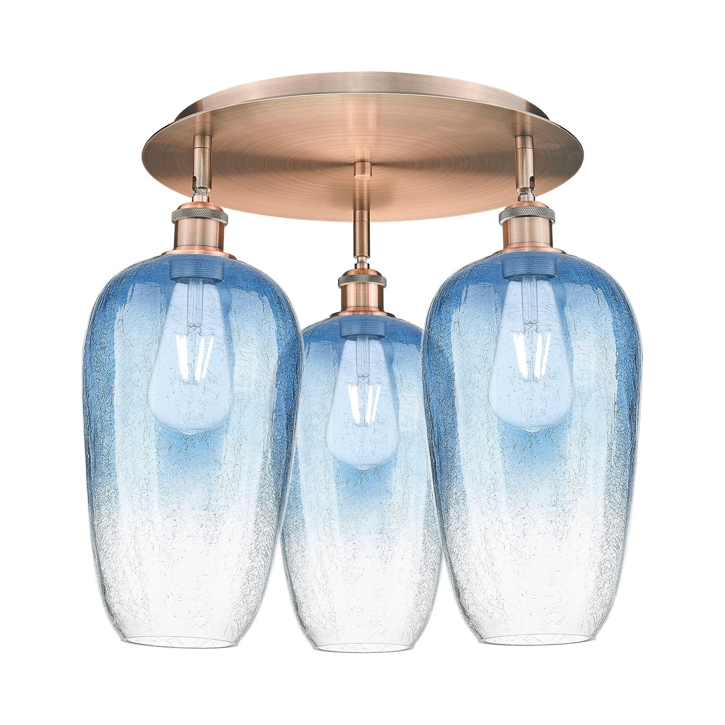 Innovations Brookhaven Flute 19in 3-Light Semi-Flush | Industrial Antique Copper and Sapphire Blue Glass | Kitchen | Model 516-3C-AC-G484-7SB