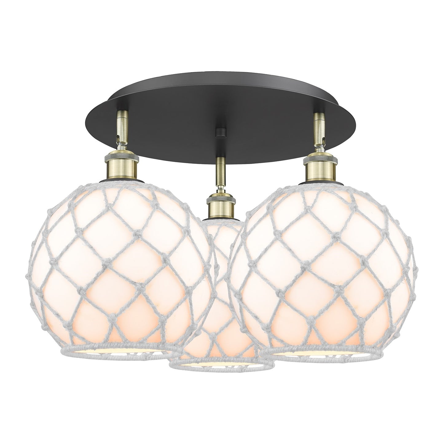 Innovations Farmhouse Rope 22in 3-Light Semi-Flush | Industrial Black Antique Brass and White Glass with White Rope | Model 516-3C-BAB-G121-10RW