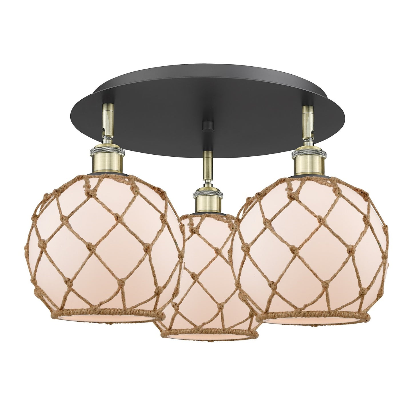 Innovations Ballston Farmhouse Rope 20in 3-Light Semi-Flush Mount | Industrial Black Antique Brass and White Glass with | Model 516-3C-BAB-G121-8RB