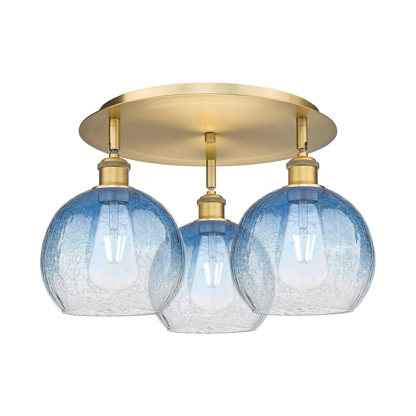 Innovations Brookhaven Globe 19in 3-Light Semi-Flush | Industrial Brushed Brass and Sapphire Blue Glass | Kitchen & Dining | Model 516-3C-BB-G483-8SB