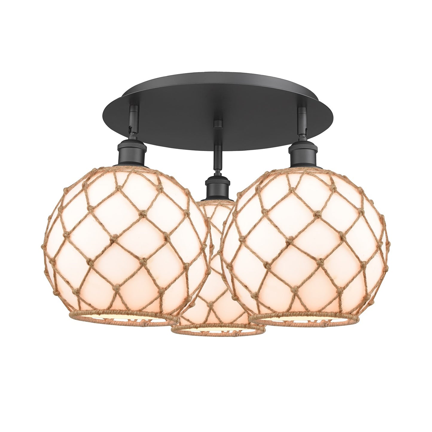 Innovations Farmhouse Rope 22in 3-Light Semi-Flush | Industrial Matte Black and Matte White Glass with Brown Rope | Model 516-3C-BK-G121-10RB