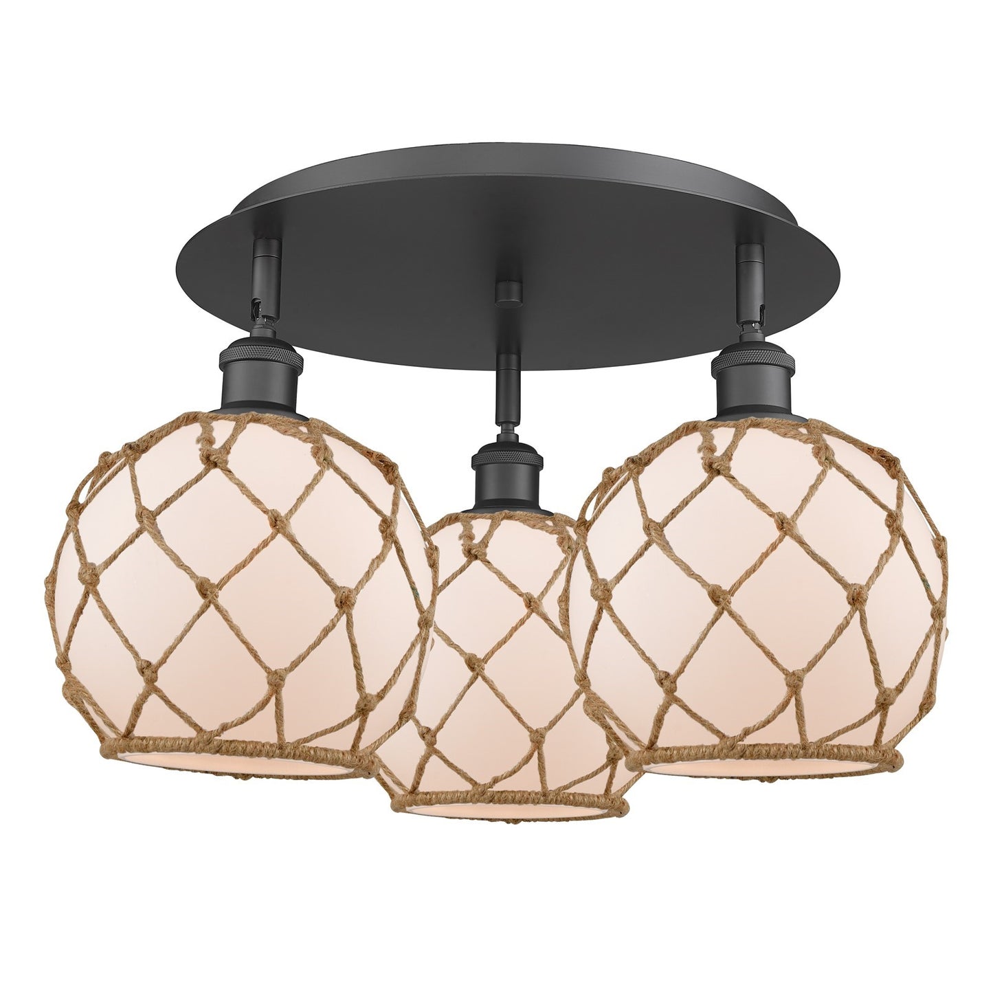 Innovations Farmhouse Rope 20in 3-Light Semi-Flush | Industrial Matte Black and White Glass Brown Rope | Kitchen & Hallway | Model 516-3C-BK-G121-8RB