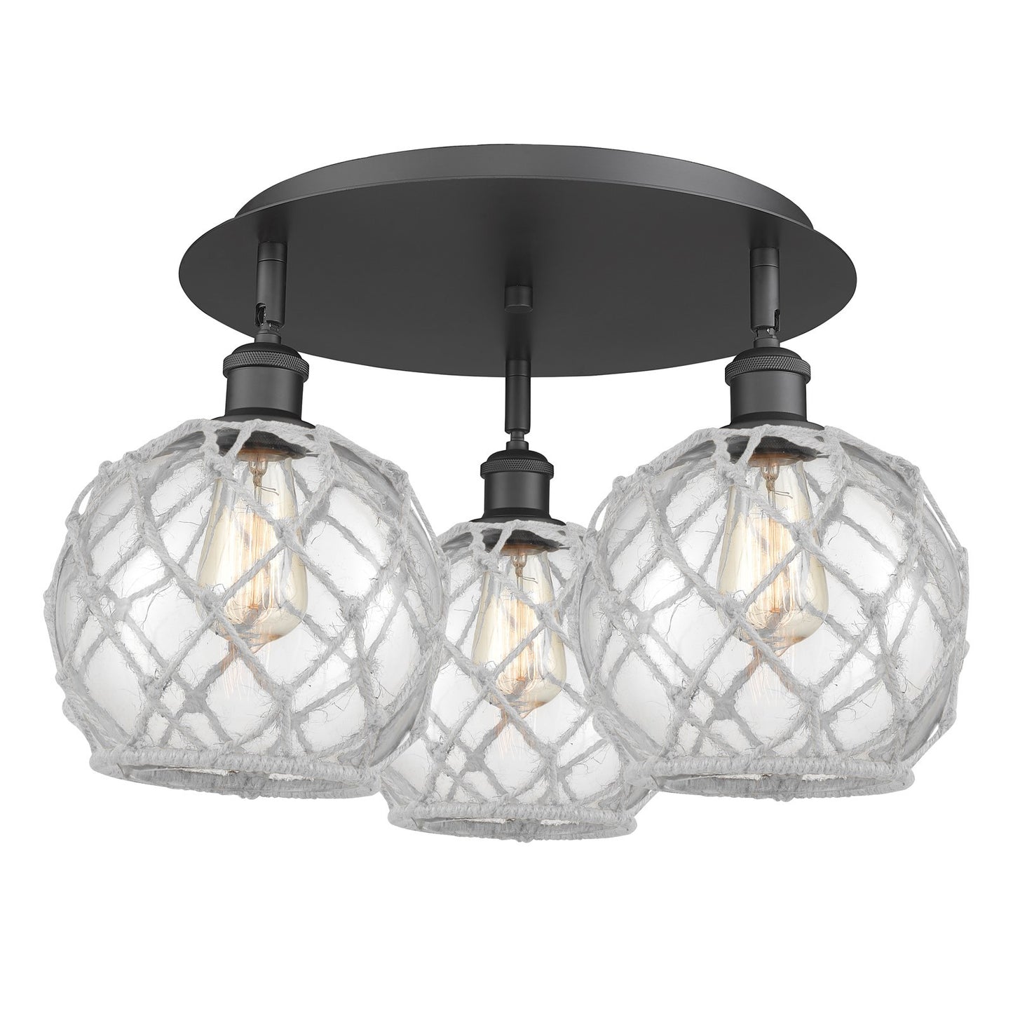 Innovations Farmhouse Rope 20in 3-Light Semi-Flush | Industrial Matte Black and Clear Glass White Rope | Kitchen & Hallway | Model 516-3C-BK-G122-8RW