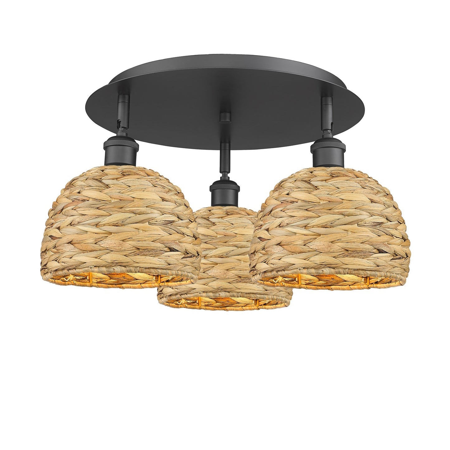 Innovations Woven Rattan 19in 3-Light Semi-Flush | Industrial Matte Black and Natural Fiber Dome Shade | Entryway | Model 516-3C-BK-RBD-8-NAT