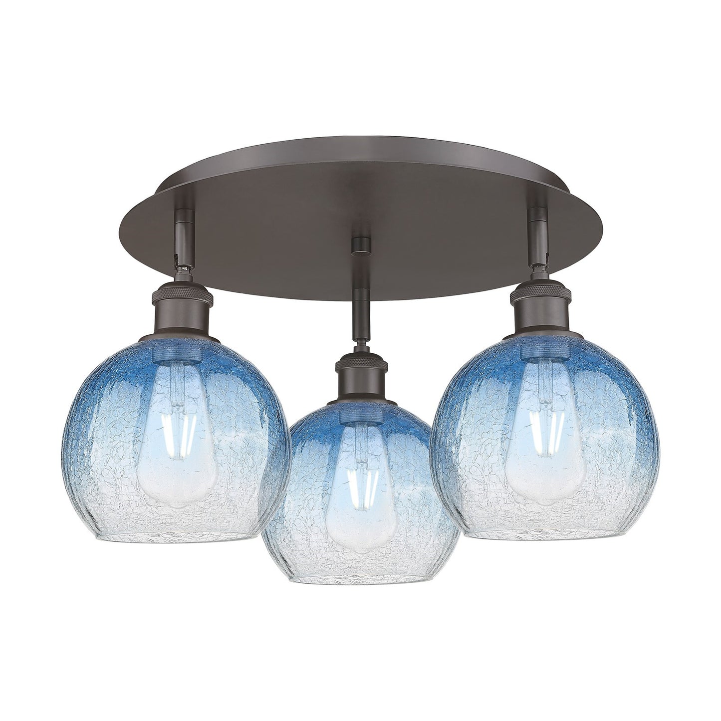 Innovations Brookhaven Globe 20in 3-Light Semi-Flush | Industrial Oil Rubbed Bronze and Sapphire Blue Glass | Kitchen | Model 516-3C-OB-G483-8SB