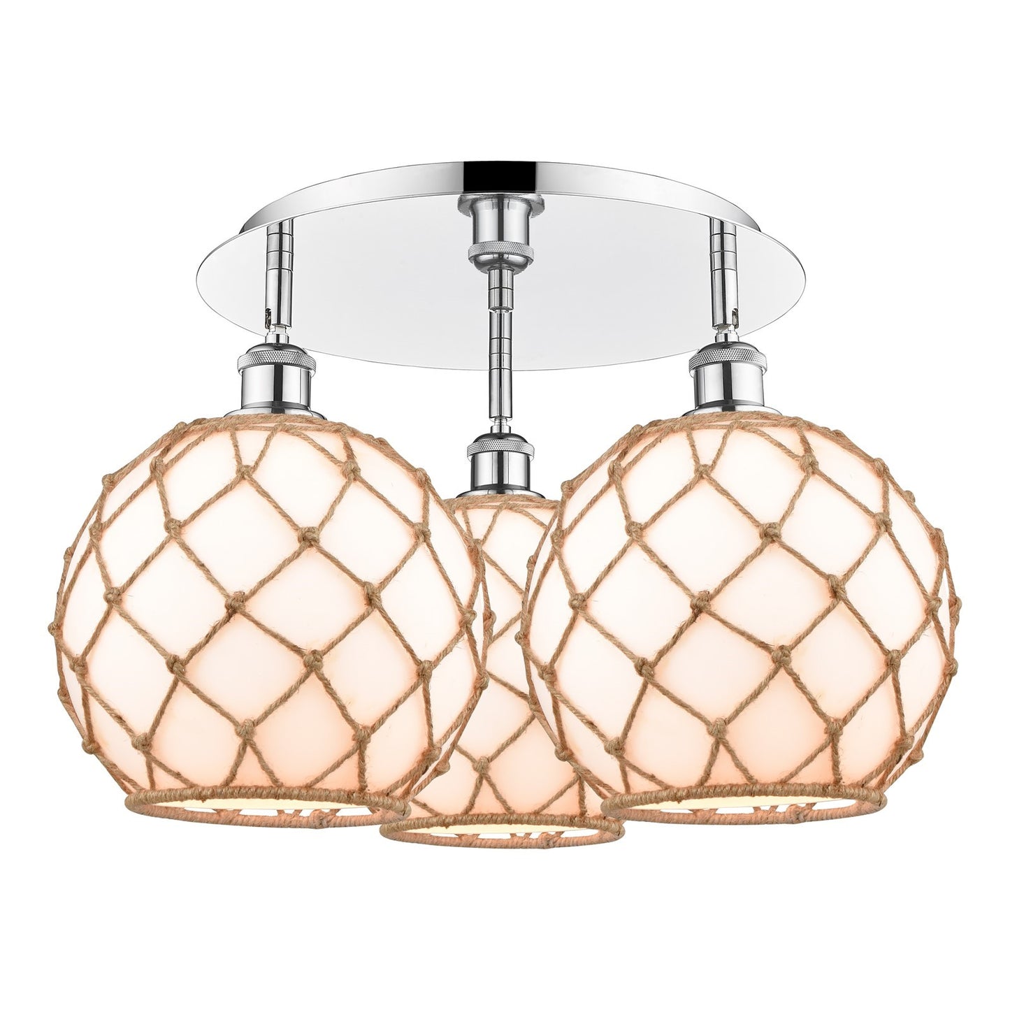 Innovations Farmhouse Rope 22in 3-Light Semi-Flush Mount | Industrial Polished Chrome and Matte White Glass with Brown | Model 516-3C-PC-G121-10RB
