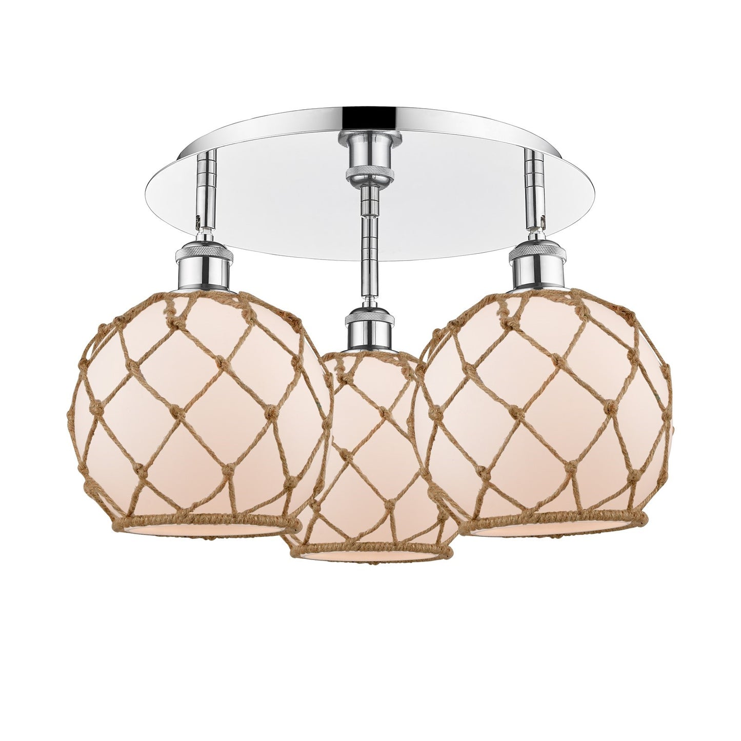 Innovations Farmhouse Rope 20in 3-Light Semi-Flush | Industrial Polished Chrome and White Glass Brown Rope | Kitchen | Model 516-3C-PC-G121-8RB