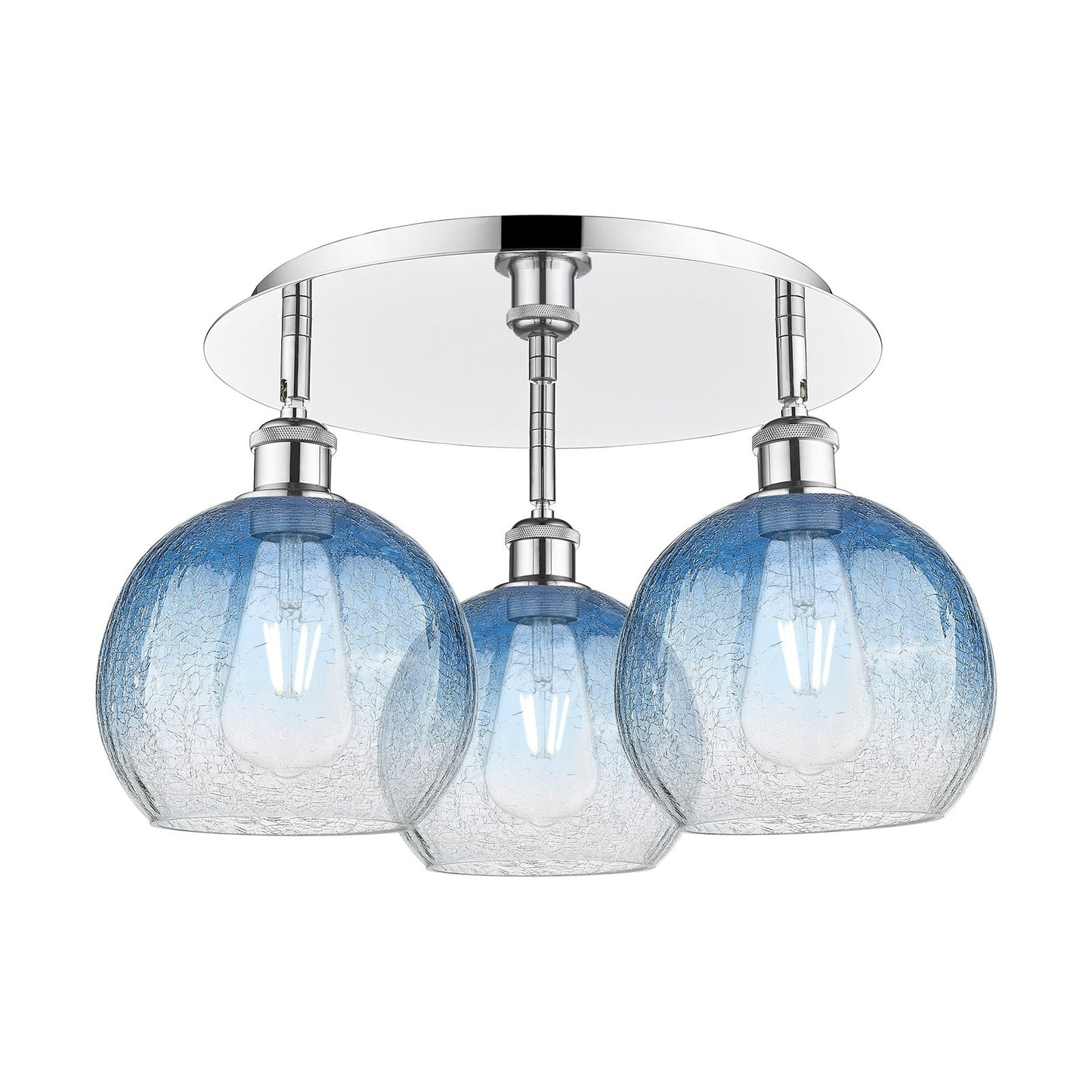 Innovations Brookhaven Globe 20in 3-Light Semi-Flush | Industrial Polished Chrome and Sapphire Blue Glass | Kitchen | Model 516-3C-PC-G483-8SB