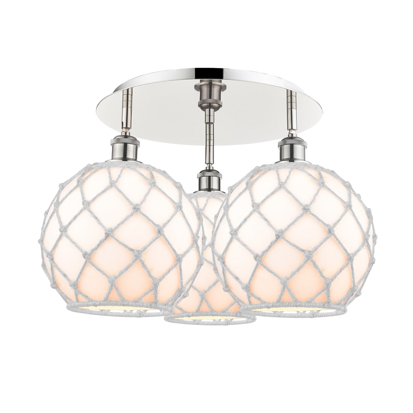 Innovations Farmhouse Rope 22in 3-Light Semi-Flush | Industrial Polished Nickel and White Glass with Rope | Kitchen | Model 516-3C-PN-G121-10RW