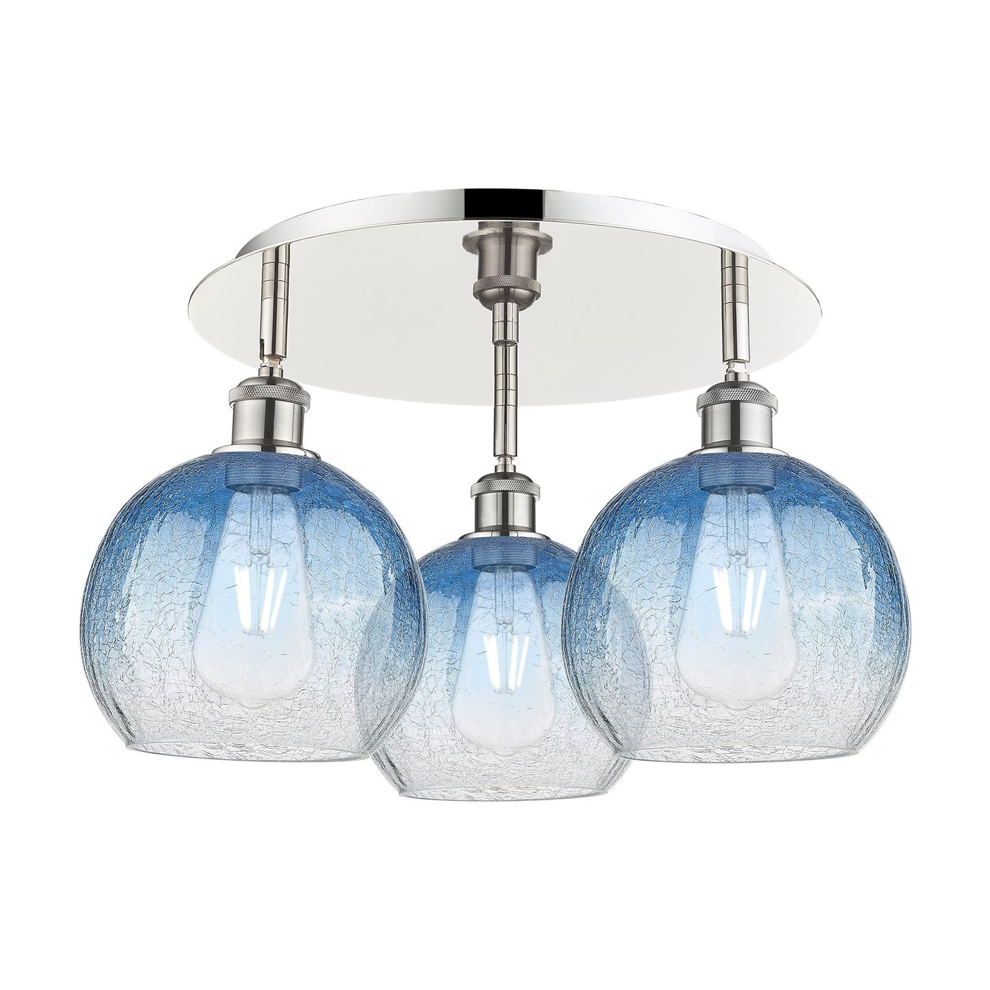 Innovations Brookhaven Globe 20in 3-Light Semi-Flush Mount | Industrial Polished Nickel and Sapphire Blue Glass | Kitchen | Model 516-3C-PN-G483-8SB