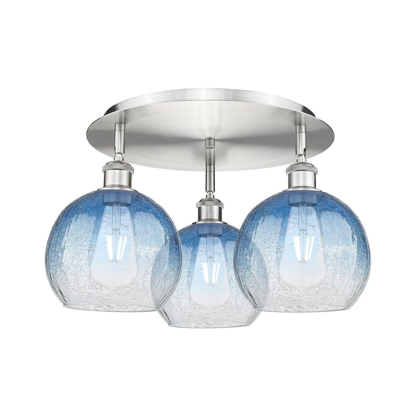 Innovations Brookhaven Globe 20in 3-Light Semi-Flush | Industrial Satin Nickel and Sapphire Blue Glass | Kitchen & Dining | Model 516-3C-SN-G483-8SB