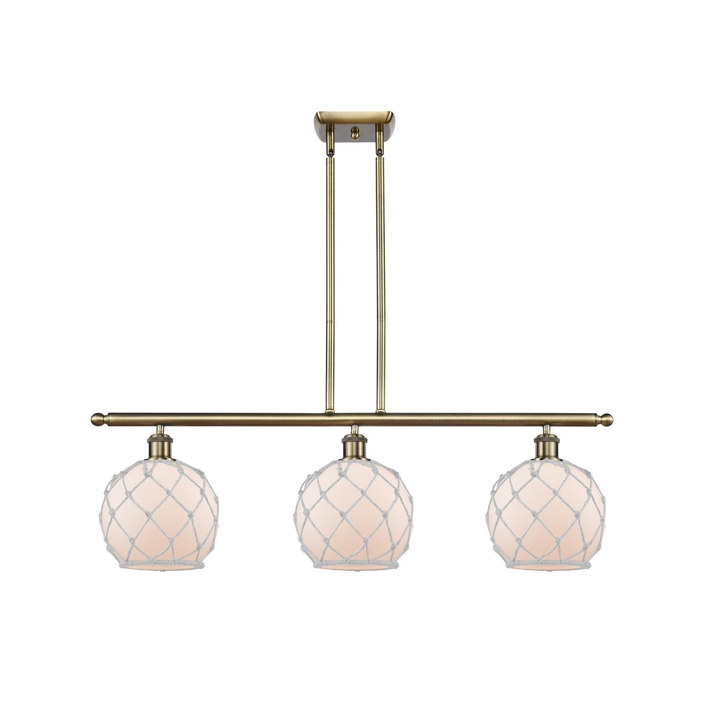 Innovations Farmhouse Rope 36in 3-Light Island Light | Industrial Antique Brass and White Glass with White Rope | Kitchen | Model 516-3I-AB-G121-8RW