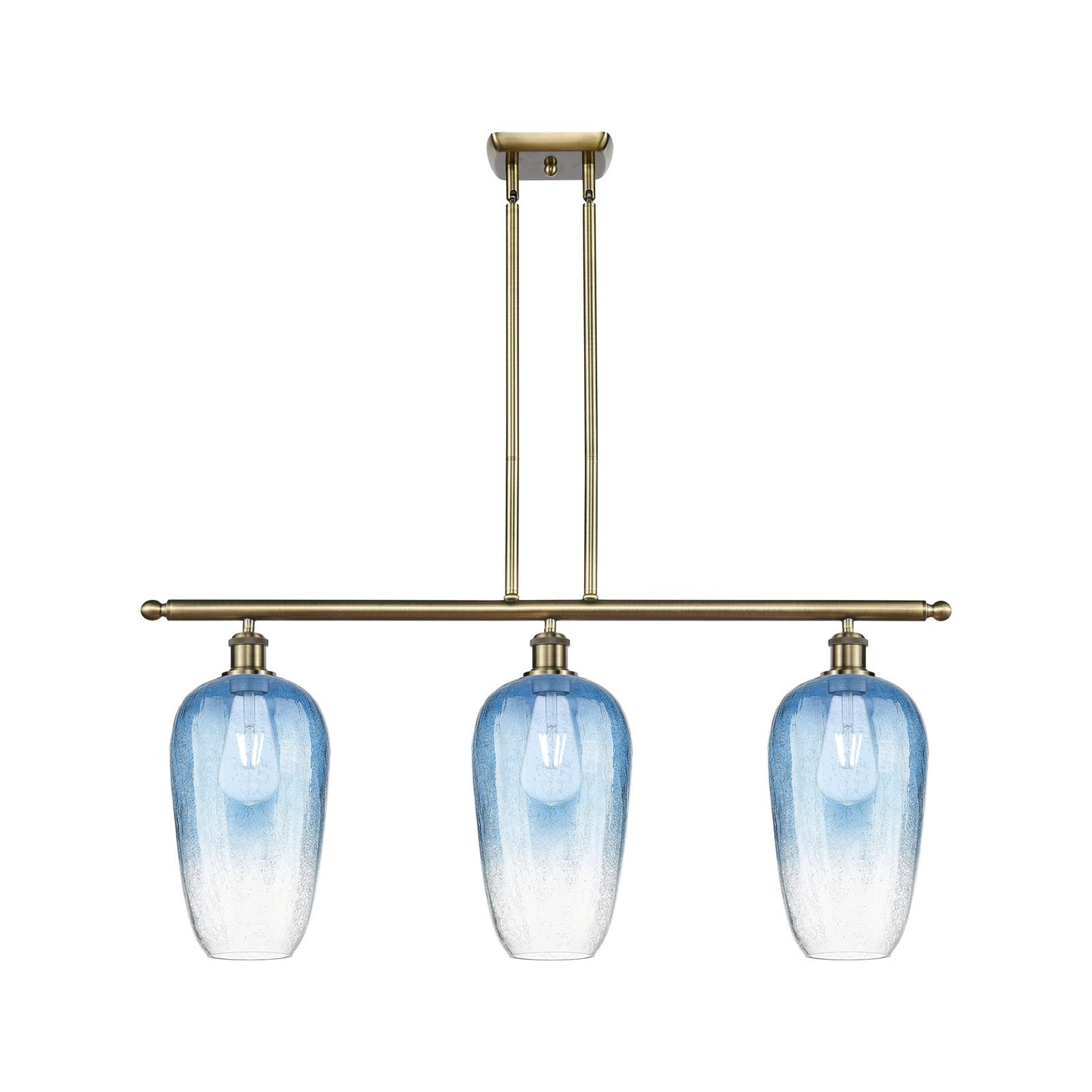 Innovations Brookhaven Flute 36in 3-Light Island Light | Industrial Antique Brass and Sapphire Blue Glass | Kitchen Island | Model 516-3I-AB-G484-7SB