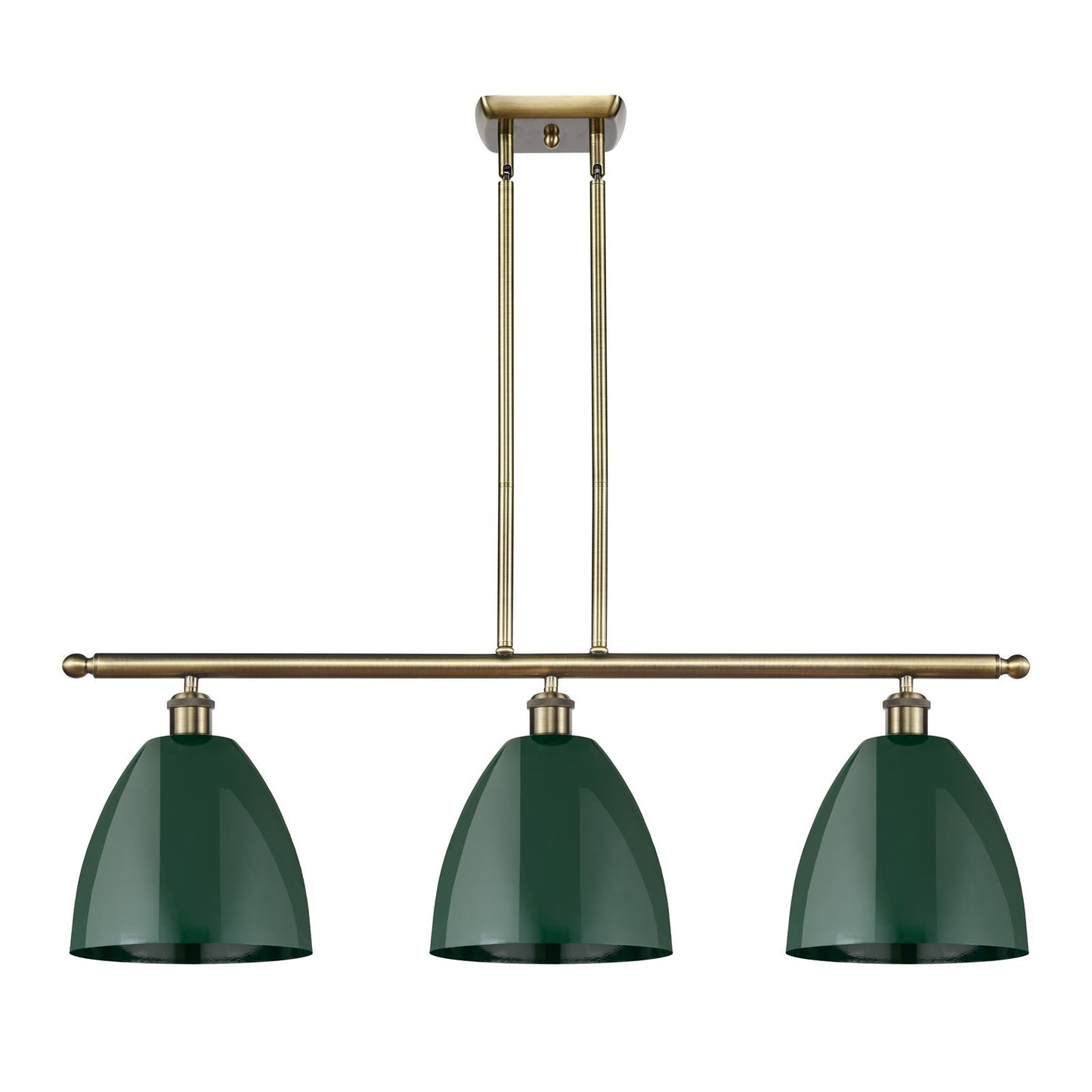 Innovations Plymouth 36in 3-Light Island Light | Industrial Antique Brass and Matte Green Metal Shade | Kitchen Island | Model 516-3I-AB-MBD-9-GR
