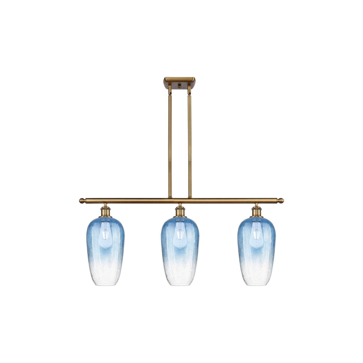 Innovations Brookhaven Flute 36in 3-Light Island | Industrial Brushed Brass and Sapphire Blue Glass | Kitchen Island | Model 516-3I-BB-G484-7SB