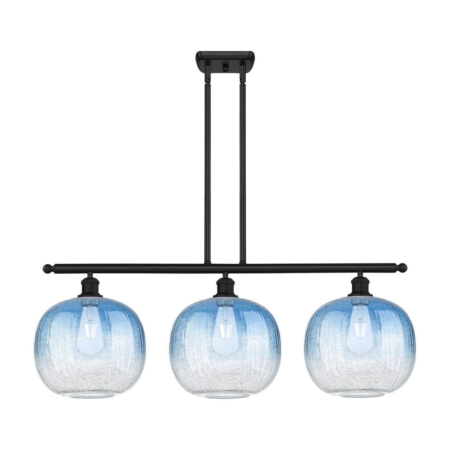 Innovations Brookhaven Sphere 37in 3-Light Island Light | Industrial Matte Black and Sapphire Blue Glass | Kitchen Island | Model 516-3I-BK-G481-10SB
