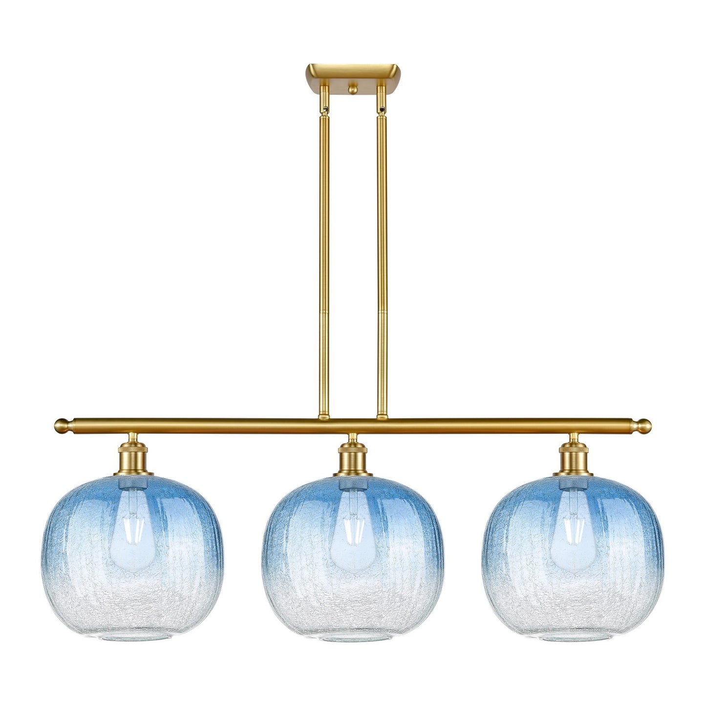 Innovations Brookhaven Sphere 37in 3-Light Island Light | Industrial Satin Gold Steel and Cast Brass with Sapphire Blue Glass | Model 516-3I-SG-G481-10SB