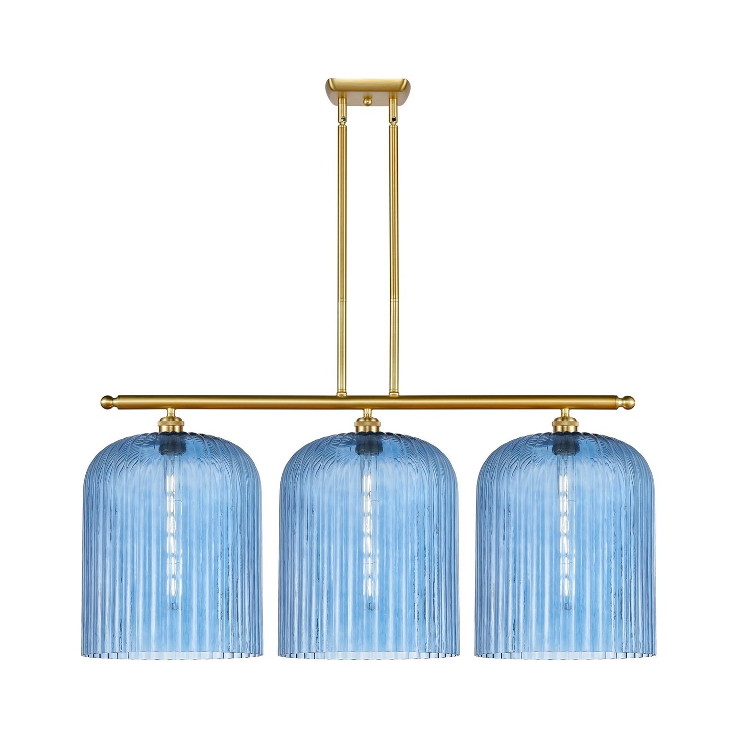Innovations Bridal Veil 36in 3-Light Island Light | Art Nouveau Satin Gold Steel and Princess Blue Ribbed Glass | Kitchen | Model 516-3I-SG-G559-12BL