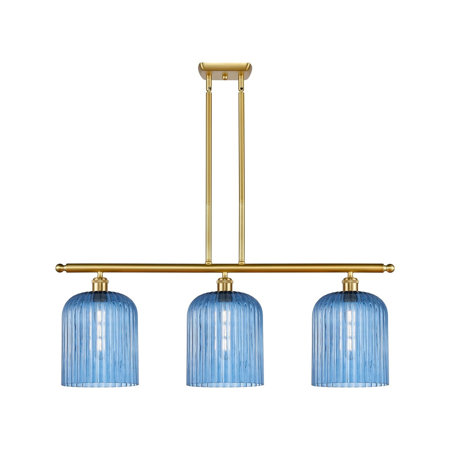 Innovations Bridal Veil 36in 3-Light Island Light | Art Nouveau Satin Gold Steel and Princess Blue Ribbed Glass | Kitchen | Model 516-3I-SG-G559-8BL