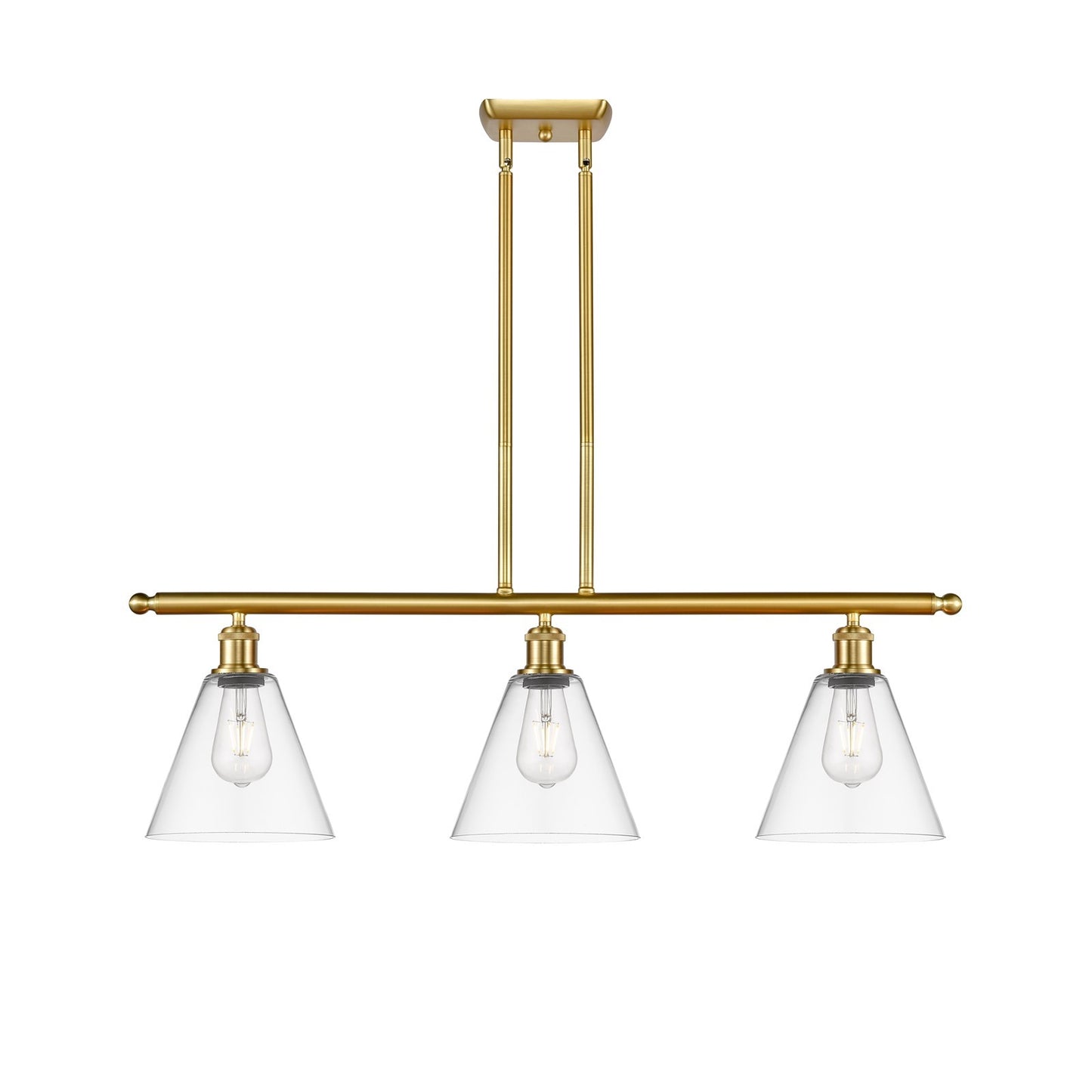 Innovations Berkshire 36in 3-Light Island Light | Industrial Satin Gold Steel and Clear Glass | Kitchen Island & Dining Room | Model 516-3I-SG-GBC-82-LED