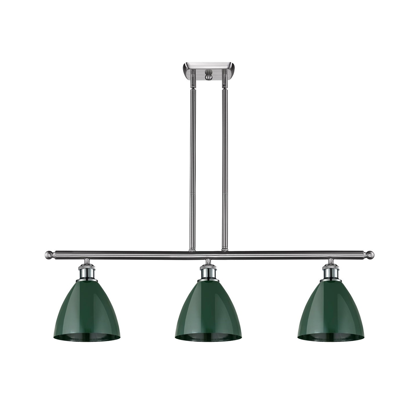 Innovations Plymouth 36in 3-Light Island Light | Industrial Farmhouse Brushed Satin Nickel and Matte Green Metal | Kitchen | Model 516-3I-SN-MBD-75-GR-LED