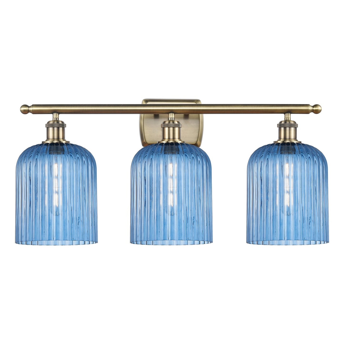 Innovations Bridal Veil 25in 3-Light Bath Vanity | Art Nouveau Antique Brass Steel and Princess Blue Ribbed Glass | Bathroom | Model 516-3W-AB-G559-8BL