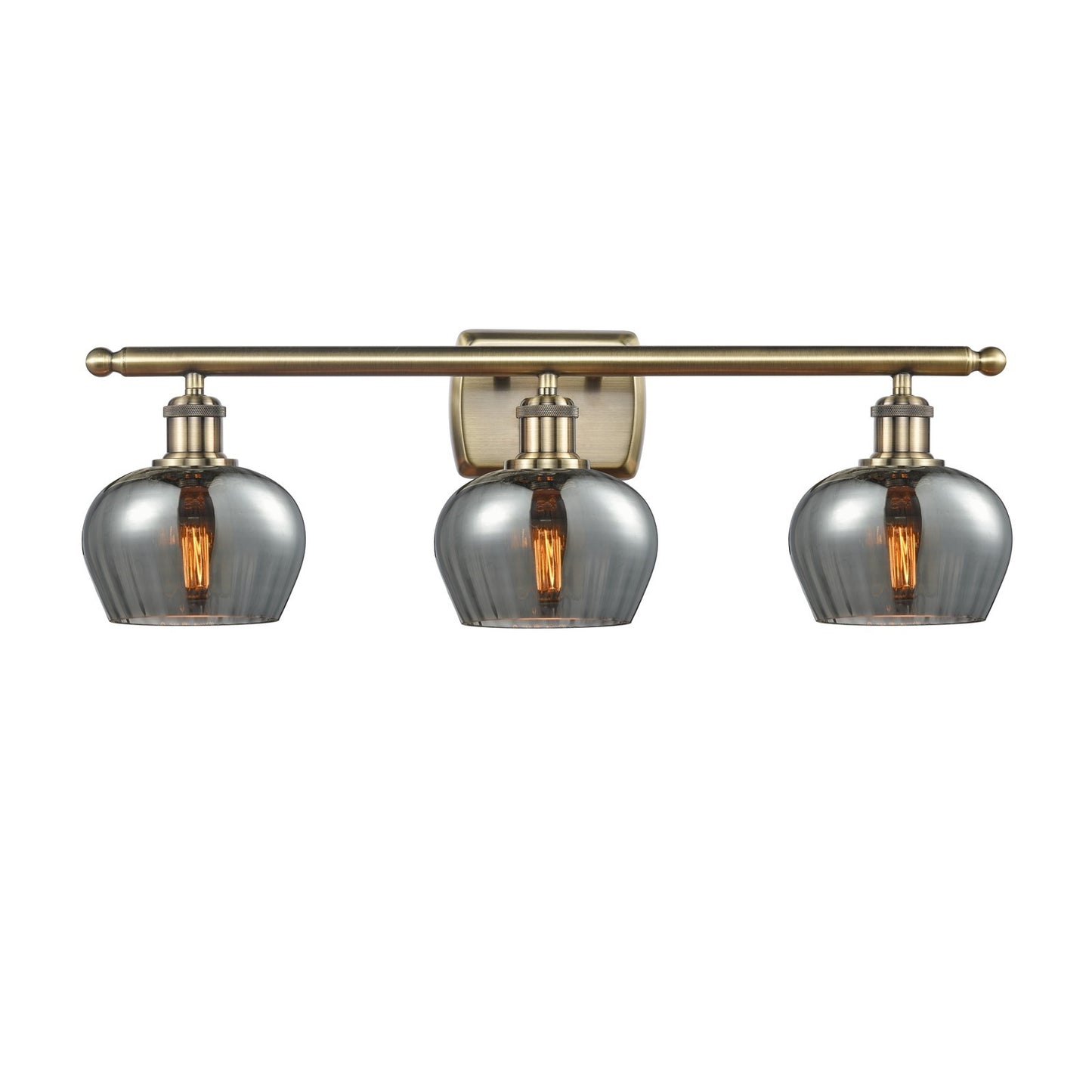 Innovations Fenton 26.5in 3-Light Bath Vanity Light | Industrial Antique Brass and Light Smoke Ribbed Glass | Bathroom Vanity | 26.5 | Model 516-3W-AB-G93