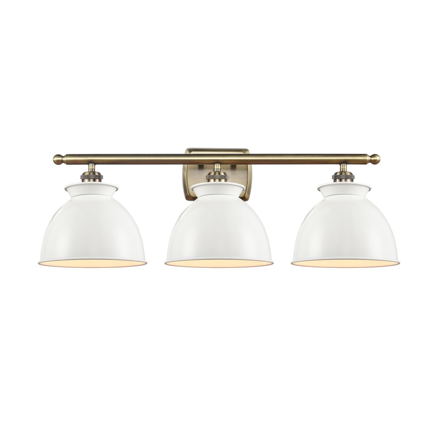 Innovations Adirondack 28in 3-Light Bath Vanity Light | Industrial Antique Brass Steel and Glossy White Metal Shade | Bathroom | Model 516-3W-AB-M14-W-LED