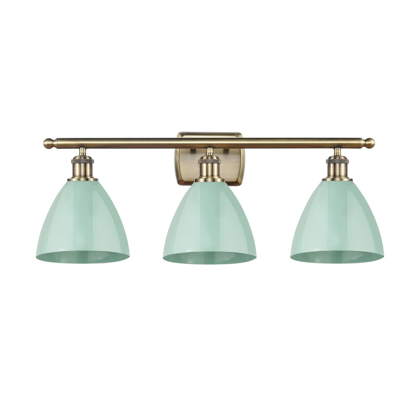 Innovations Plymouth 28in 3-Light Bath Vanity Light | Industrial Antique Brass Steel and Matte Seafoam Metal Shade | Model 516-3W-AB-MBD-75-SF-LED