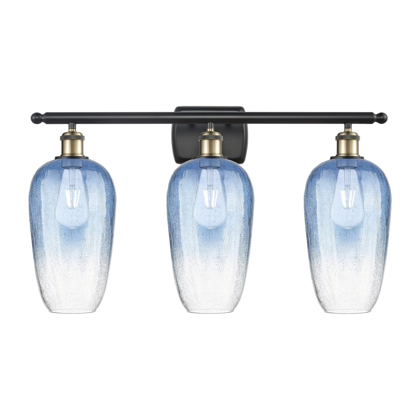 Innovations Brookhaven Flute 27in 3-Light Bath Vanity Light | Industrial Black Antique Brass and Sapphire Blue Glass | Model 516-3W-BAB-G484-7SB