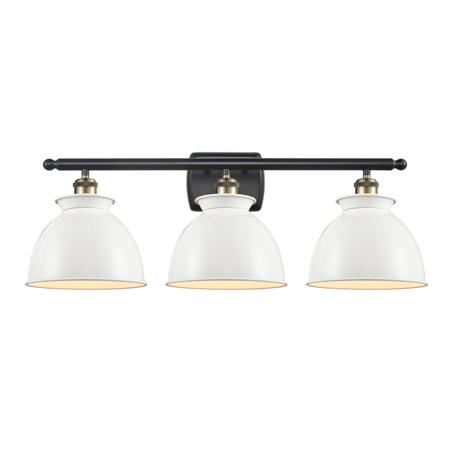 Innovations Adirondack 28in 3-Light Bath Vanity Light | Industrial Black Antique Brass and Glossy White Metal Shade | Model 516-3W-BAB-M14-W-LED
