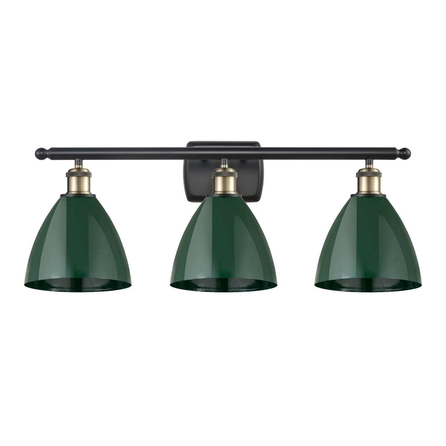Innovations Plymouth 28in 3-Light Bath Vanity Light | Industrial Black Antique Brass and Matte Green Metal Shade | Bathroom | Model 516-3W-BAB-MBD-75-GR