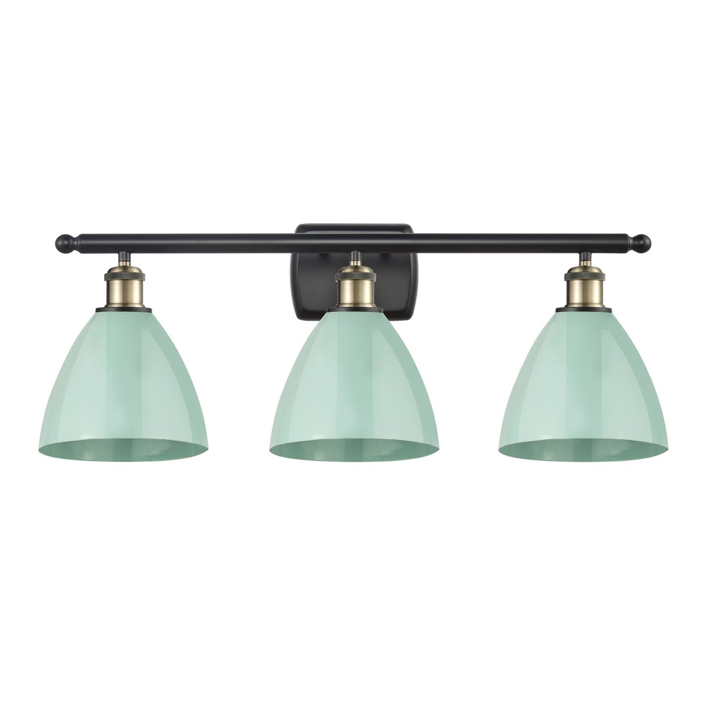 Innovations Plymouth 28in 3-Light Bath Vanity Light | Industrial Black Antique Brass and Matte Seafoam Metal Shade | Model 516-3W-BAB-MBD-75-SF-LED