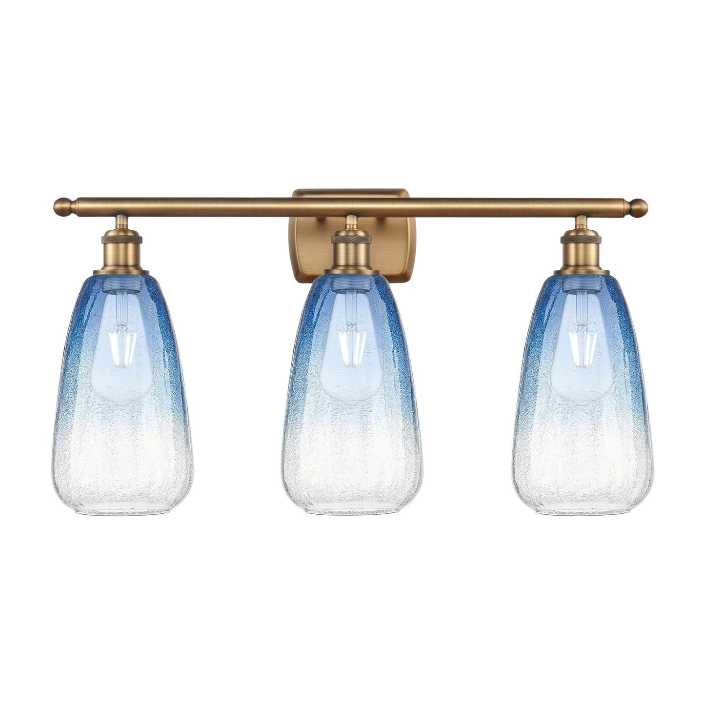 Innovations Brookhaven Almond 26in 3-Light Bath Vanity Light | Industrial Brushed Brass and Sapphire Blue Glass | Bathroom | Model 516-3W-BB-G480-6SB