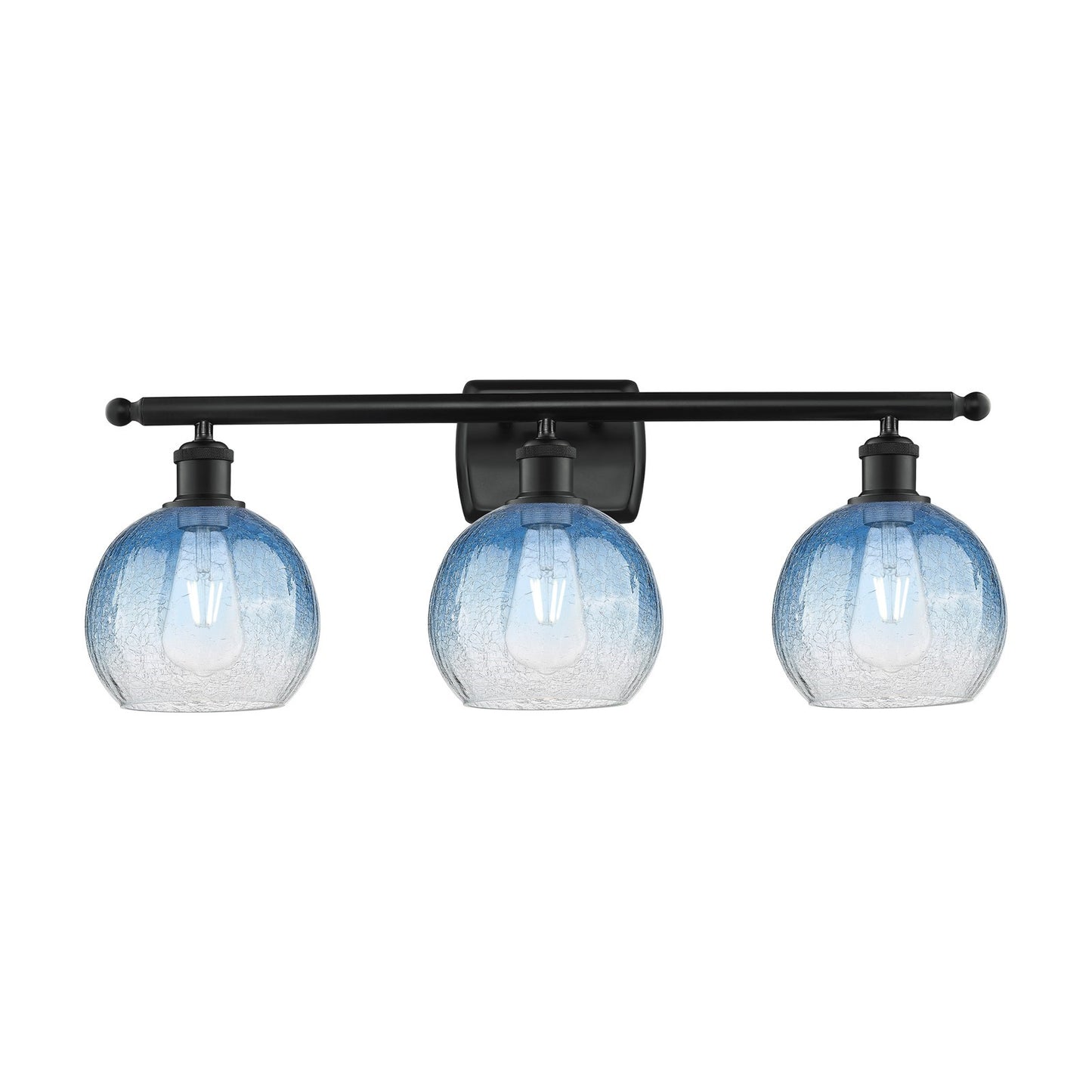 Innovations Brookhaven Globe 28in 3-Light Bath Vanity | Industrial Matte Black Steel and Sapphire Blue Glass | Bathroom Vanity | Model 516-3W-BK-G483-8SB