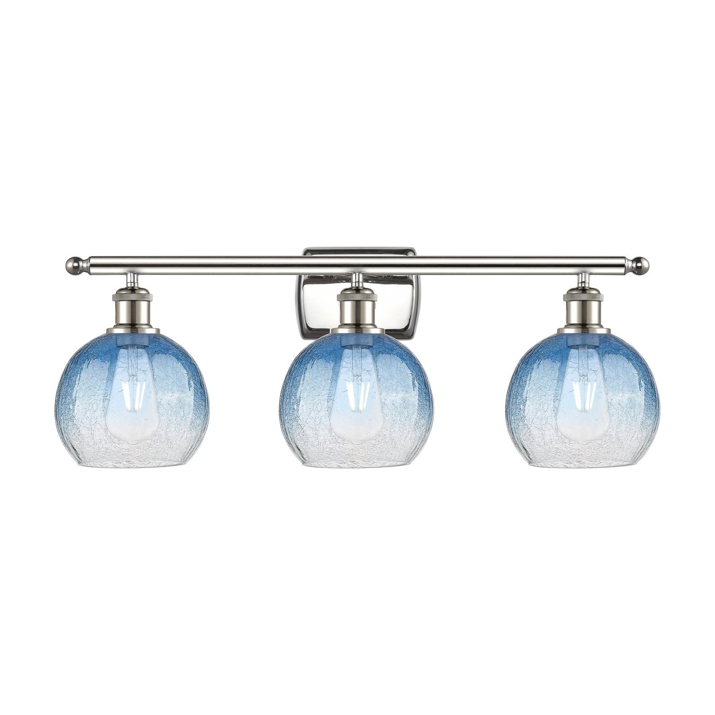 Innovations Brookhaven Globe 28in 3-Light Bath Vanity Light | Industrial Polished Nickel Steel and Sapphire Blue Glass | Model 516-3W-PN-G483-8SB