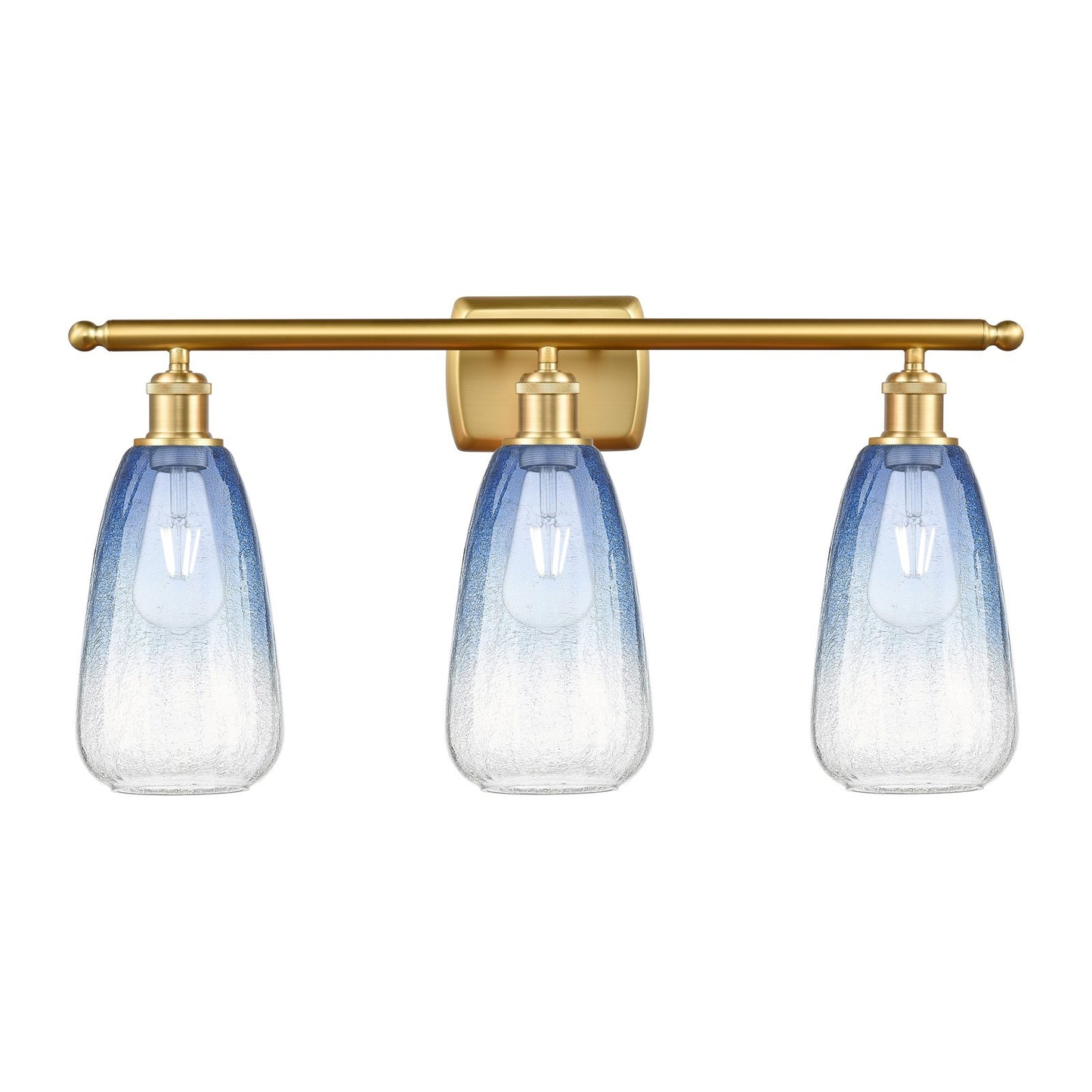 Innovations Brookhaven Almond 26in 3-Light Bath Vanity Light | Industrial Satin Gold Steel and Sapphire Blue Glass | Bathroom | Model 516-3W-SG-G480-6SB