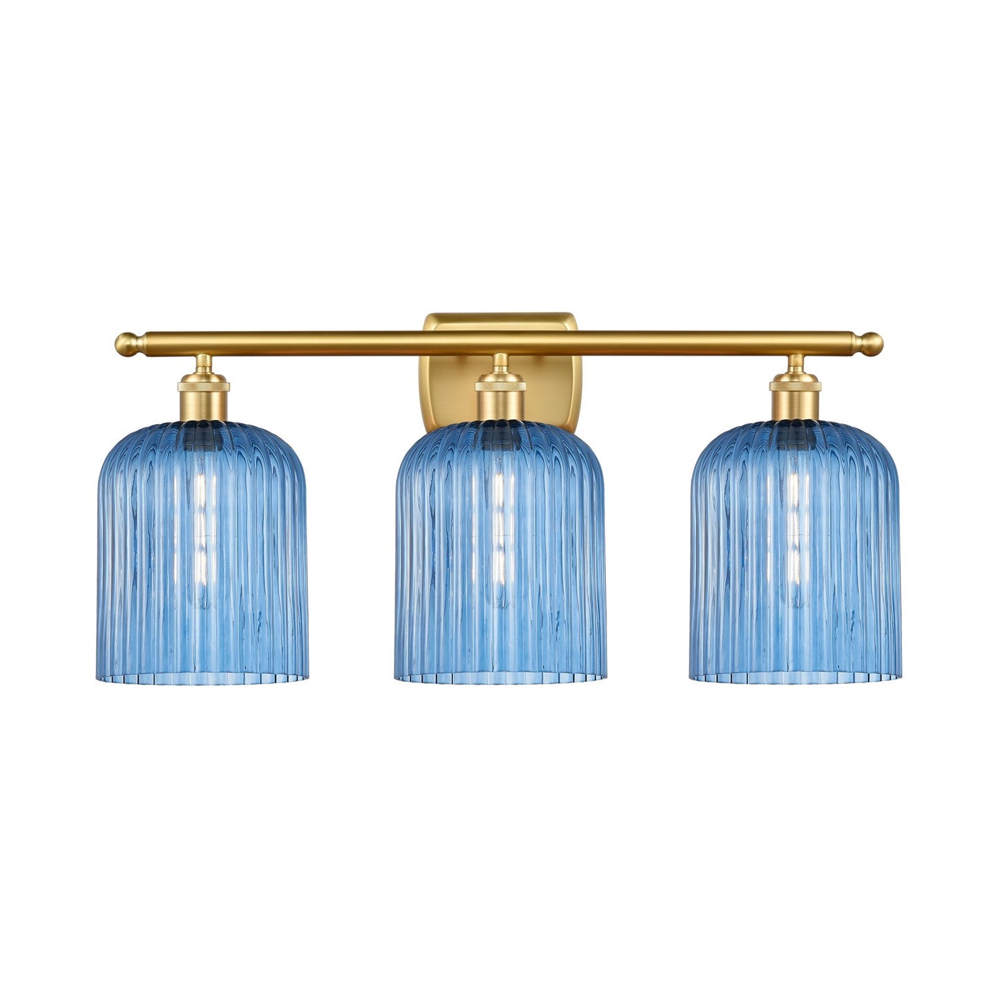 Innovations Bridal Veil 25in 3-Light Bath Vanity Light | Art Nouveau Satin Gold Steel and Princess Blue Ribbed Glass | Bathroom | Model 516-3W-SG-G559-8BL