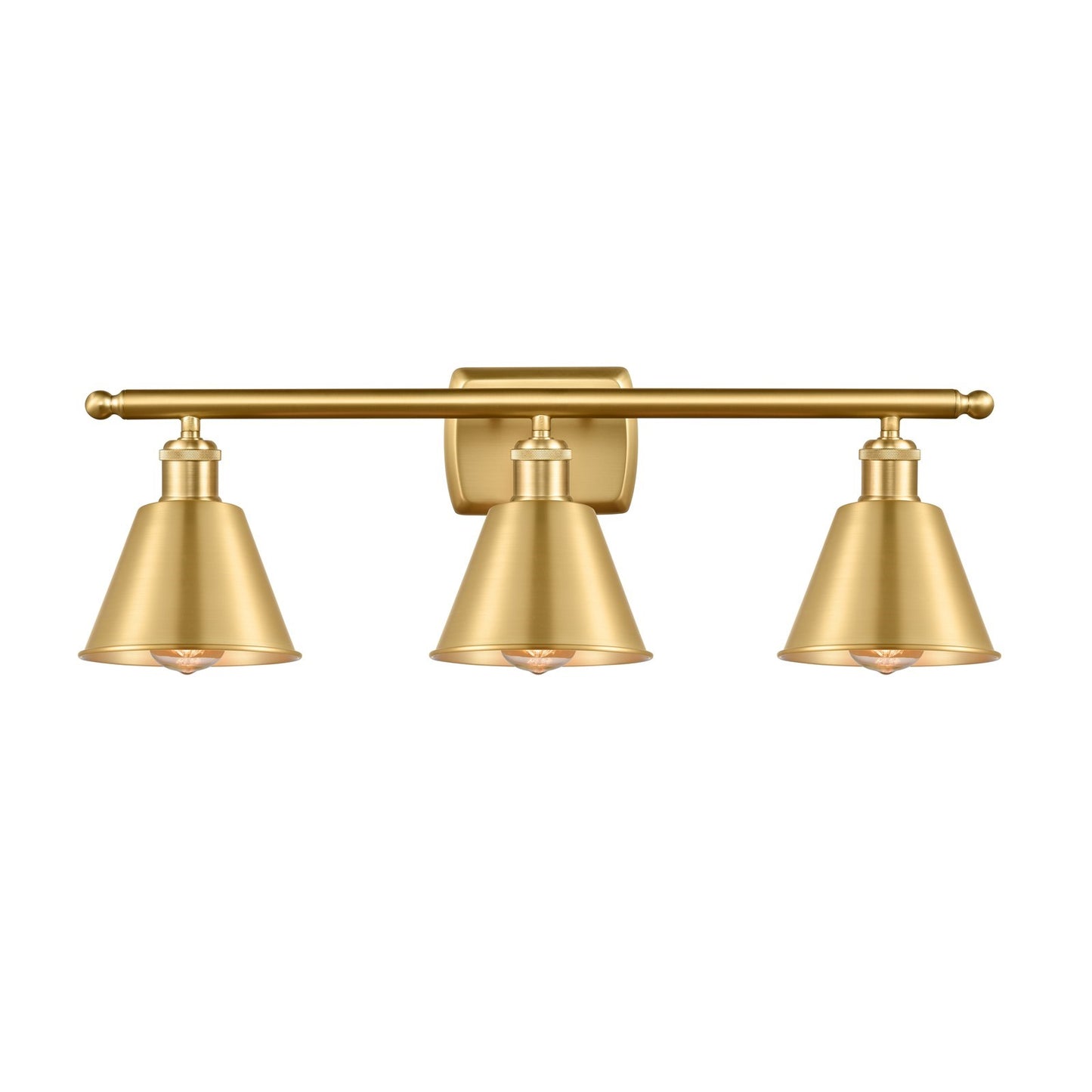 Innovations Smithfield 27in 3-Light Bath Vanity Light | Industrial Farmhouse Satin Gold Steel and Satin Gold Metal Shade | Model 516-3W-SG-M8-LED