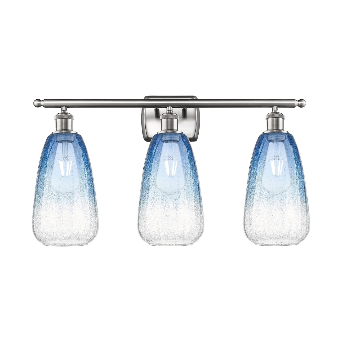 Innovations Brookhaven Almond 26in 3-Light Bath Vanity Light | Industrial Brushed Satin Nickel and Sapphire Blue Glass | Model 516-3W-SN-G480-6SB